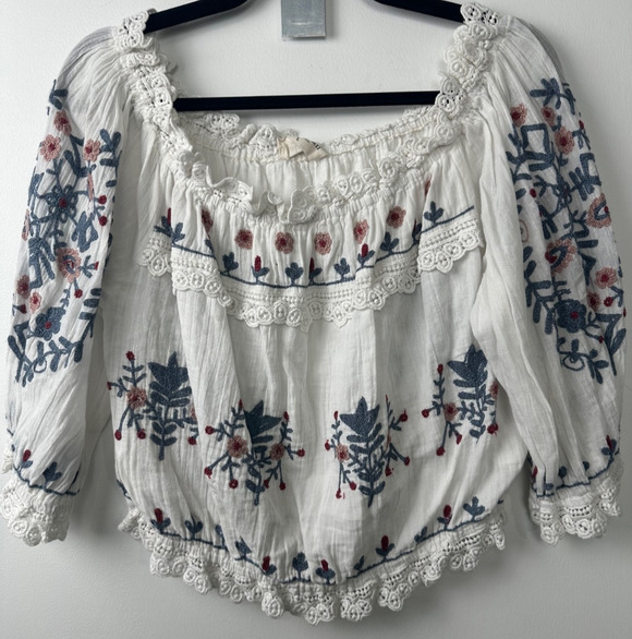 Talisman Tops - Talisman the Label White L Embroidered Boho Peasant Hippie Shirt off shoulder A3